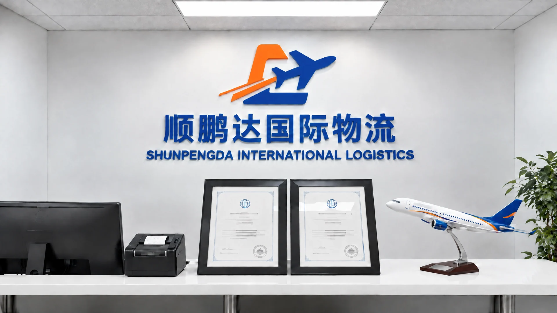 顺鹏达国际物流办公前台，展示公司标志、证书、打印机和飞机模型